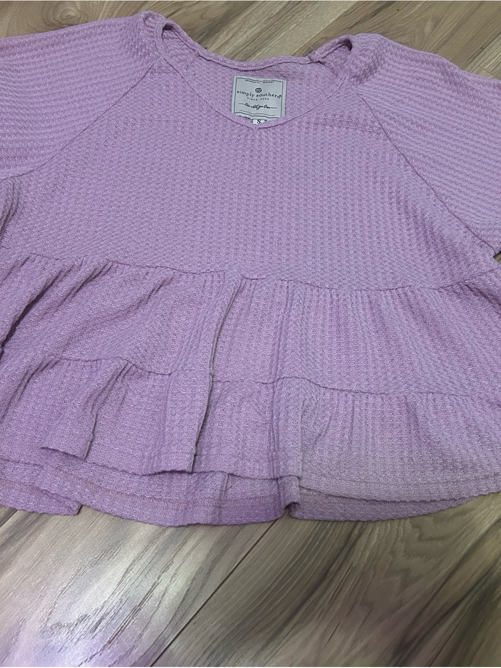 Simply Southern Lavender Waffle-Knit Ruffle Tunic could fit a medium
